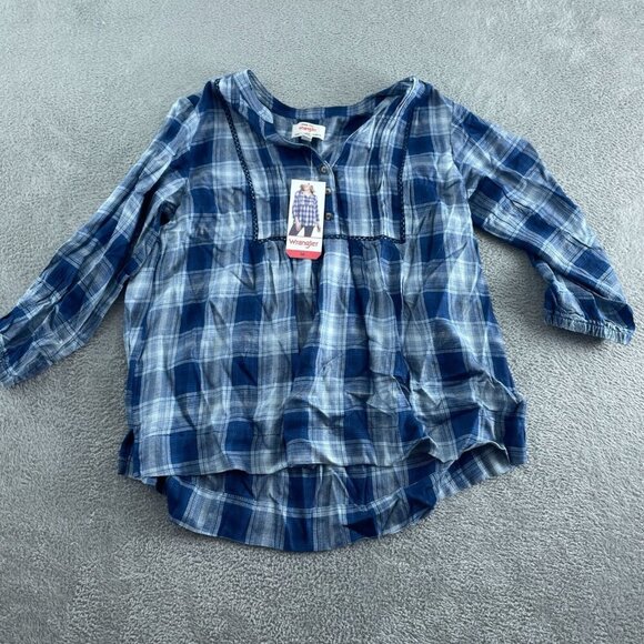 Wrangler Womens Blue Plaid Button-Front 3/4 Sleeve Tunic Top M Viscose NWT 0150 - Picture 1 of 9